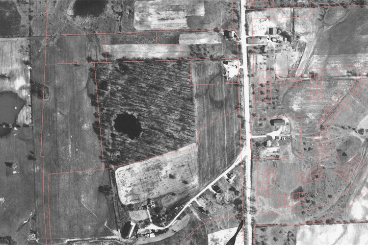 An aerial photograph from 1947 with parcel lines drawn, Hansen is the wooded area with the pond