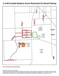 Map of Streets with parking restrictions during University of Michigan stadium events. Streets include all or portions of: Scio Church rd, Franklin blvd, Edgewood ave, Edgewood pl, W Keech Ave, Potter Ave, Berkley Ave, Snyder Ave, S Main St, Brown St, Dewey Ave, Mckinley Ave, S Division St, S Fourth Ave.