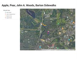 Map of where construction will take place on Apple St, Pear St, John A Woods Dr, and Barton Dr