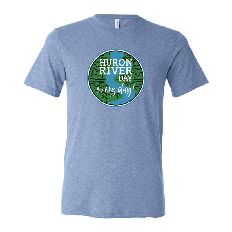 Blue tshirt with the Huron River Day logo. It says: Huron River Day Every day!