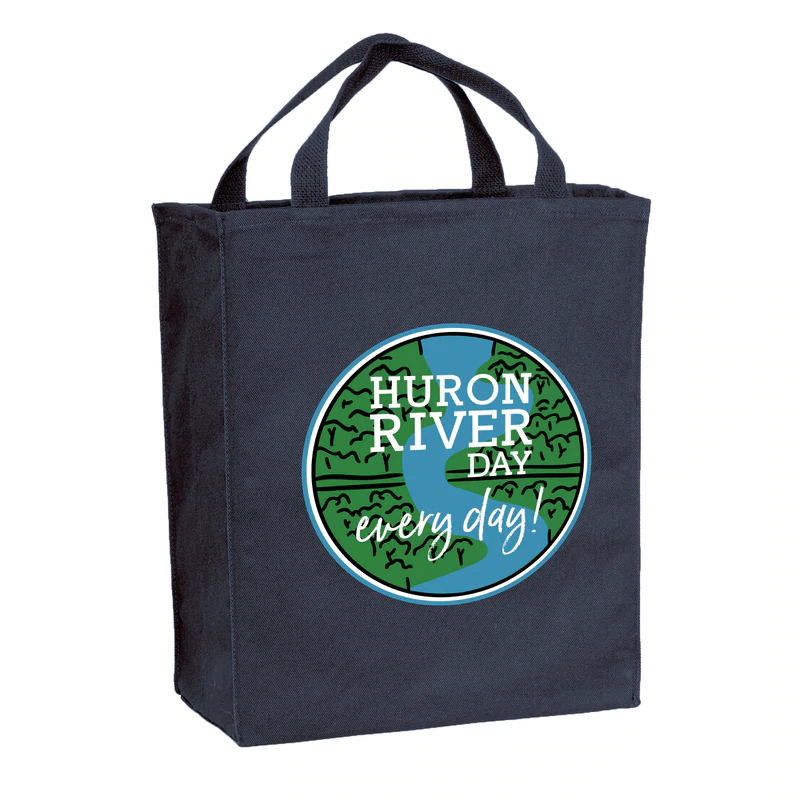 Black tote bag with the Huron River Day logo. It says: Huron River Day Every day!