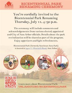 All Invited to July 11 Ann Arbor Bicentennial Park Renaming & Special Gifts Ceremony
