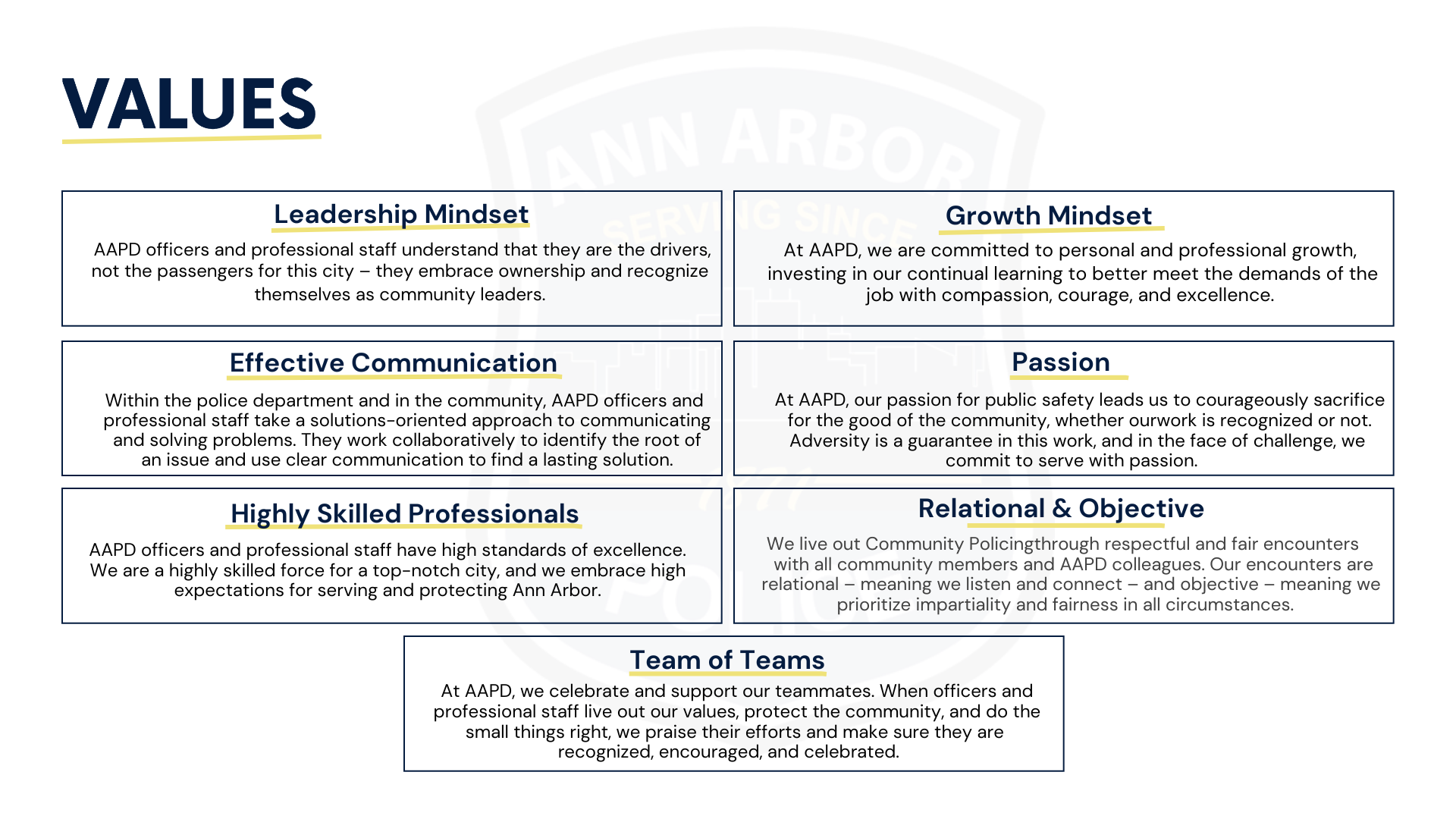 Values: leadership mindset, growth mindset, effective communication, passion, highly skilled professionals, relational and objective, team of teams