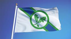 White flag with a diagonal blue and green stripe. In the middle are oak leaves surrounded by a white circle.