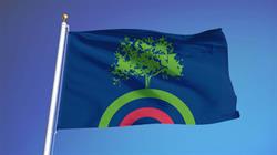 Blue flag with red and green rainbow shape. On top of the rainbow shape is a green tree.